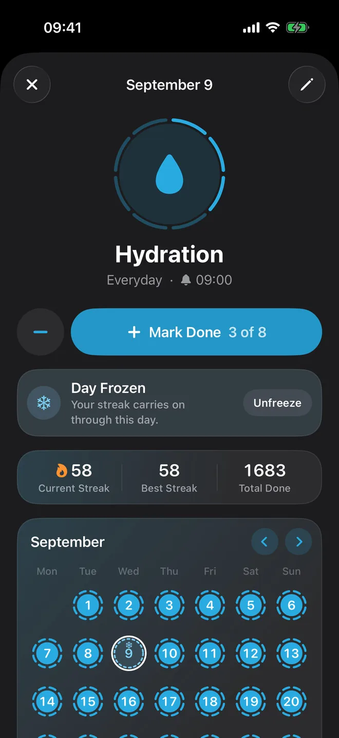 Hydration habit screen for September 9: Mark Done at 3 of 8, the day frozen so the streak carries on through it, a 58-day current streak, best streak 58, 1683 total, and the September calendar of rings