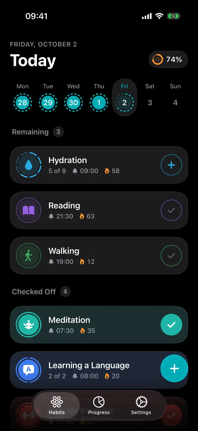 iHabits Today screen for Friday, October 2: a week strip of rings from Monday to Friday, 74% done, three habits remaining with their reminder times and streaks, and Meditation and Learning a Language checked off