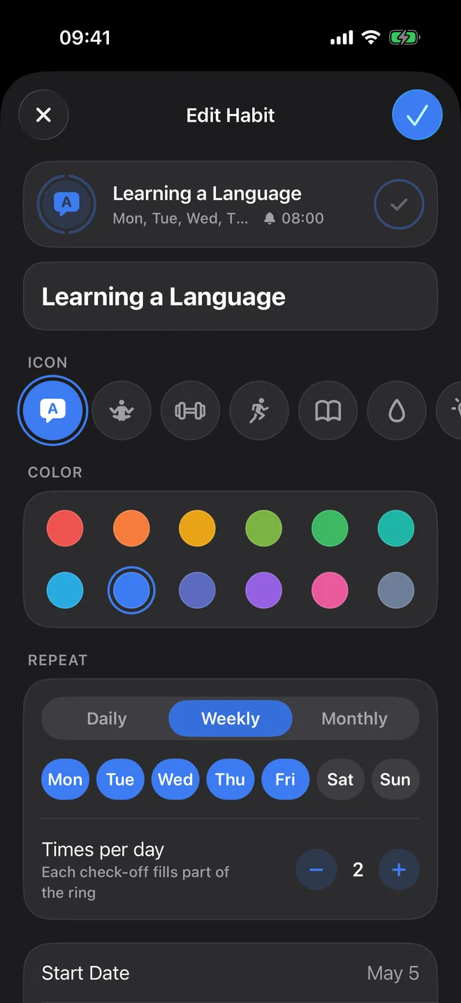 Edit Habit screen for Learning a Language: icon choices, twelve colours with blue picked, a weekly schedule on Monday to Friday, two check-offs a day and a start date of May 5